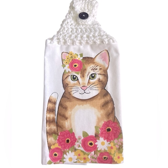HAND CRAFTED Colorful Floral Cat Crocheted Top Hanging Kitchen Hand Towel - Picture 3 of 7